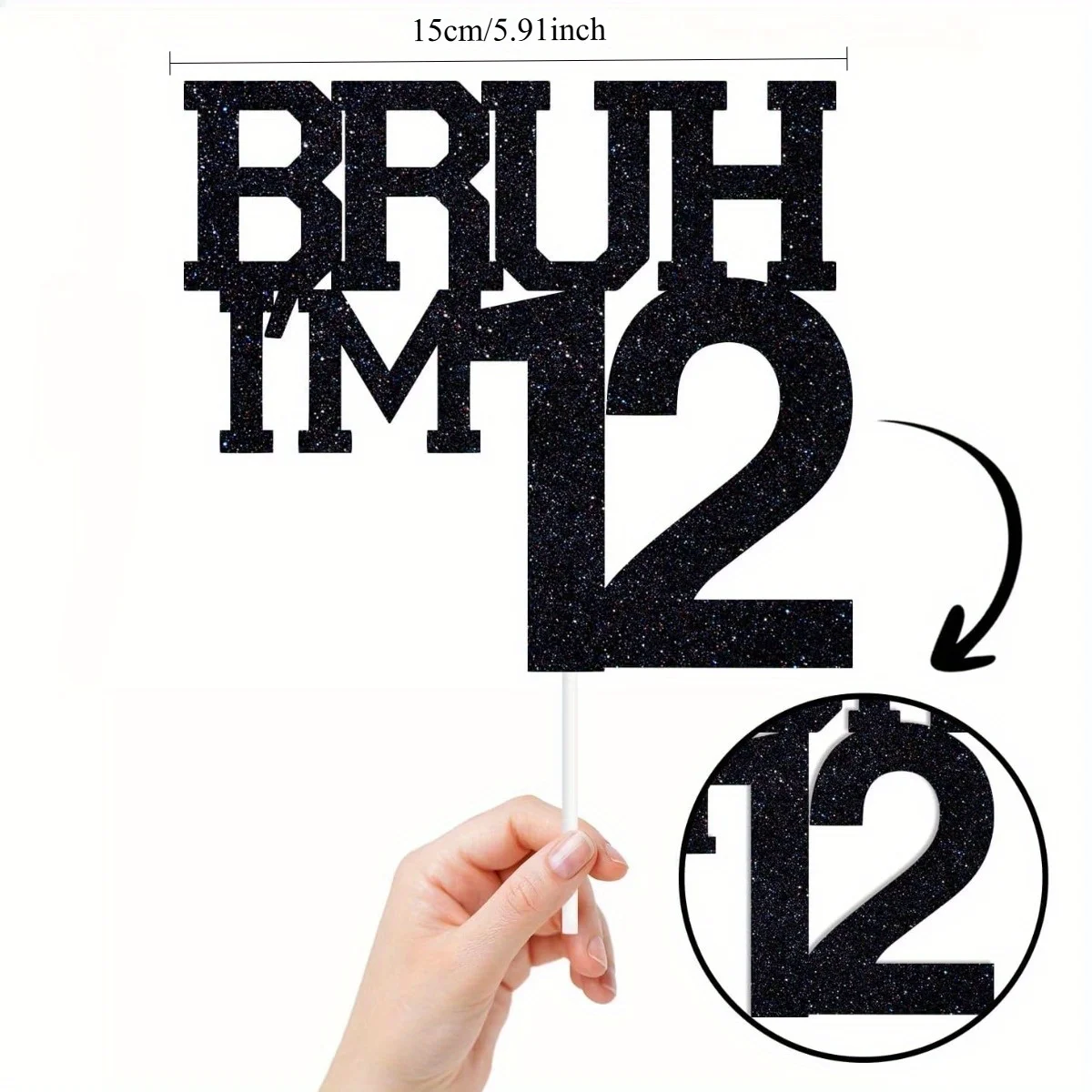 1 Stück Schwarzer „Bruh I'm 12“ Kuchenaufsatz, Alles Gute zum 12. Geburtstag/Bro I'm 12, Lustige 12. Geburtstagsparty-Dekorationen – Detail 2