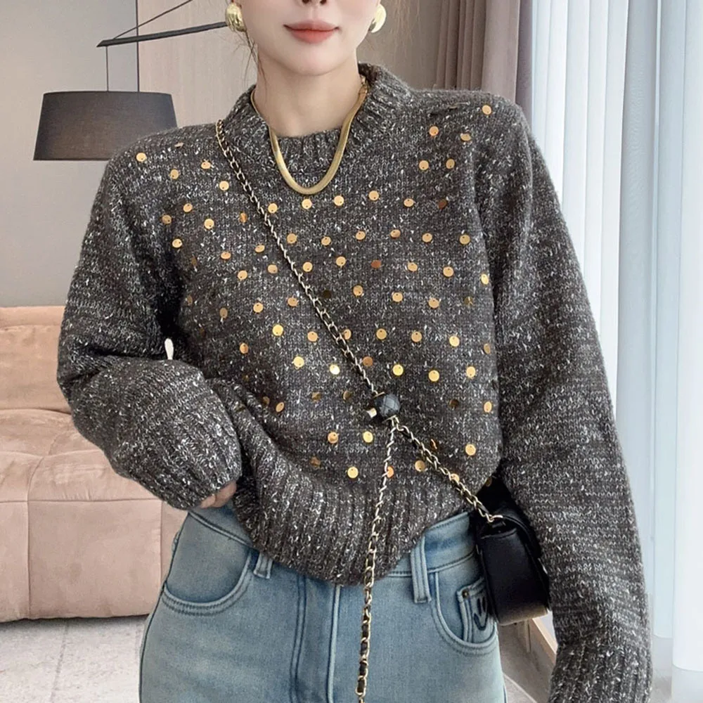 Fashion Sequin Women Sweater O Neck Loose Simple Chic Short Pullovers Korean Casual Long Sleeve Tops New Ladies Elegant Jumpers