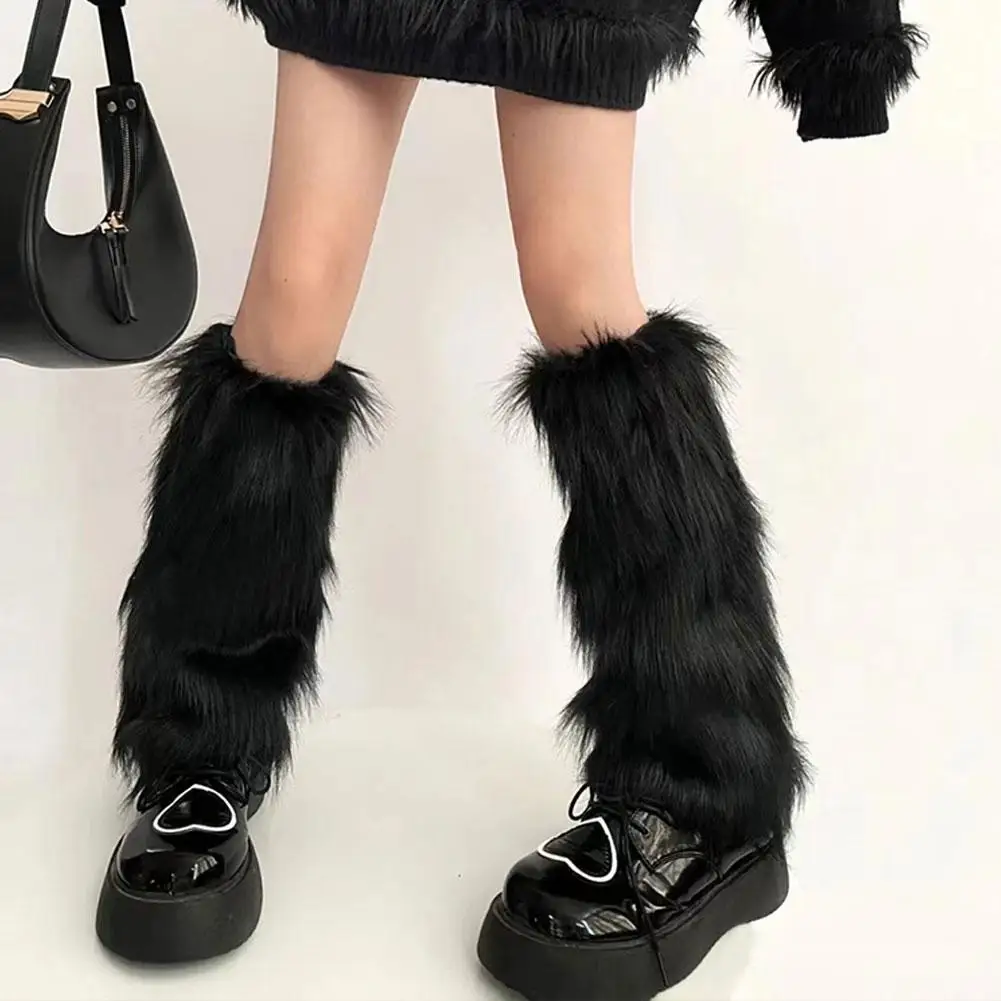 Calentadores de piernas de piel Artificial para mujer, calcetines de punto blancos y negros de otoño e invierno de Lolita japonesa, calentadores de piernas para mujer