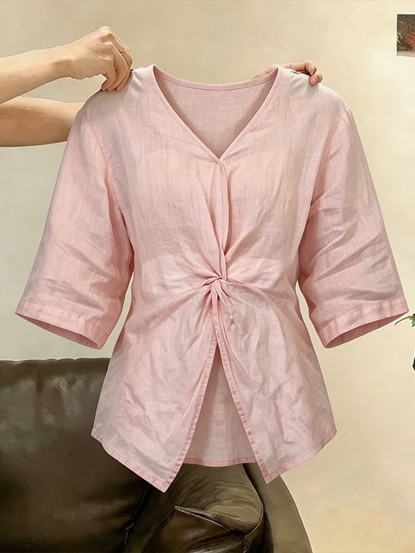 

plus Size Summer New Fashion V-Neck Knot Design Loose Women's Shirt Slimming Top Versatile Korean Style Breathable Thin Fabric