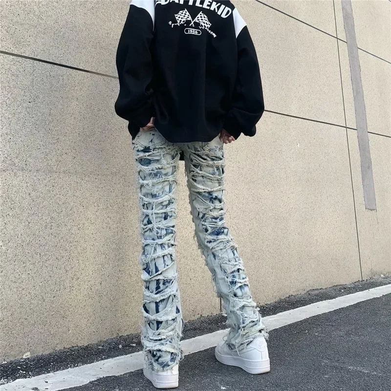 Casual Tie Dye Jeans Men and Women Straight Pants Streetwear Ripped Hole Washed Baggy Harajuku Denim Trousers