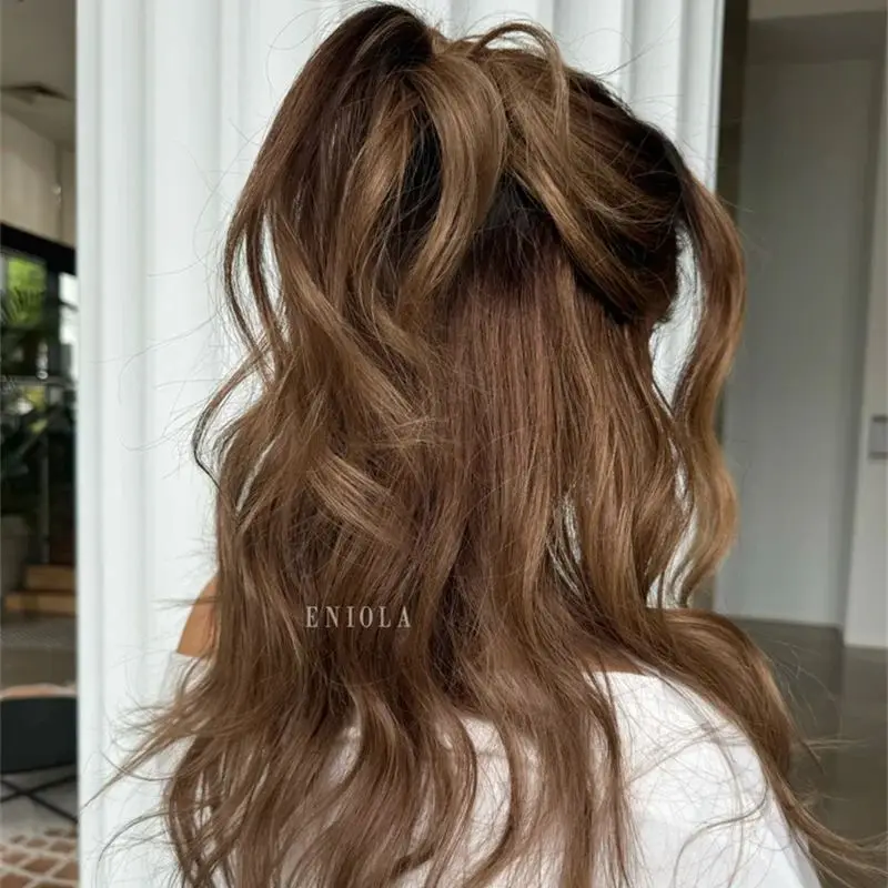 Peruka damska średniej długości, miękka, ombre karmelowy brąz, HD niewidoczna syntetyczna peruka typu lace front, gotowa do wysyłki, cosplay, na co dzień, na imprezę.