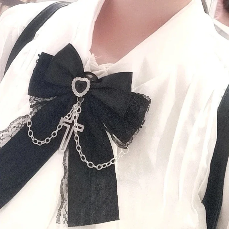 Gotische Haarspange mit Schleife, Spitze, Kreuzkette, Stoff-Haarklammer, Dekoration, Romantisches Vintage-Haaraccessoire für Frauen und Mädchen, Cosplay – Detail 4