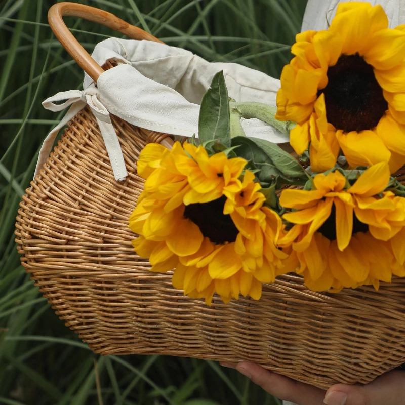 

Многоцелевая корзина ручной работы из натурального ротанга в богемном стиле, корзина для пикника с фруктами и цветами с подкладкой для домашнего декора и подарка