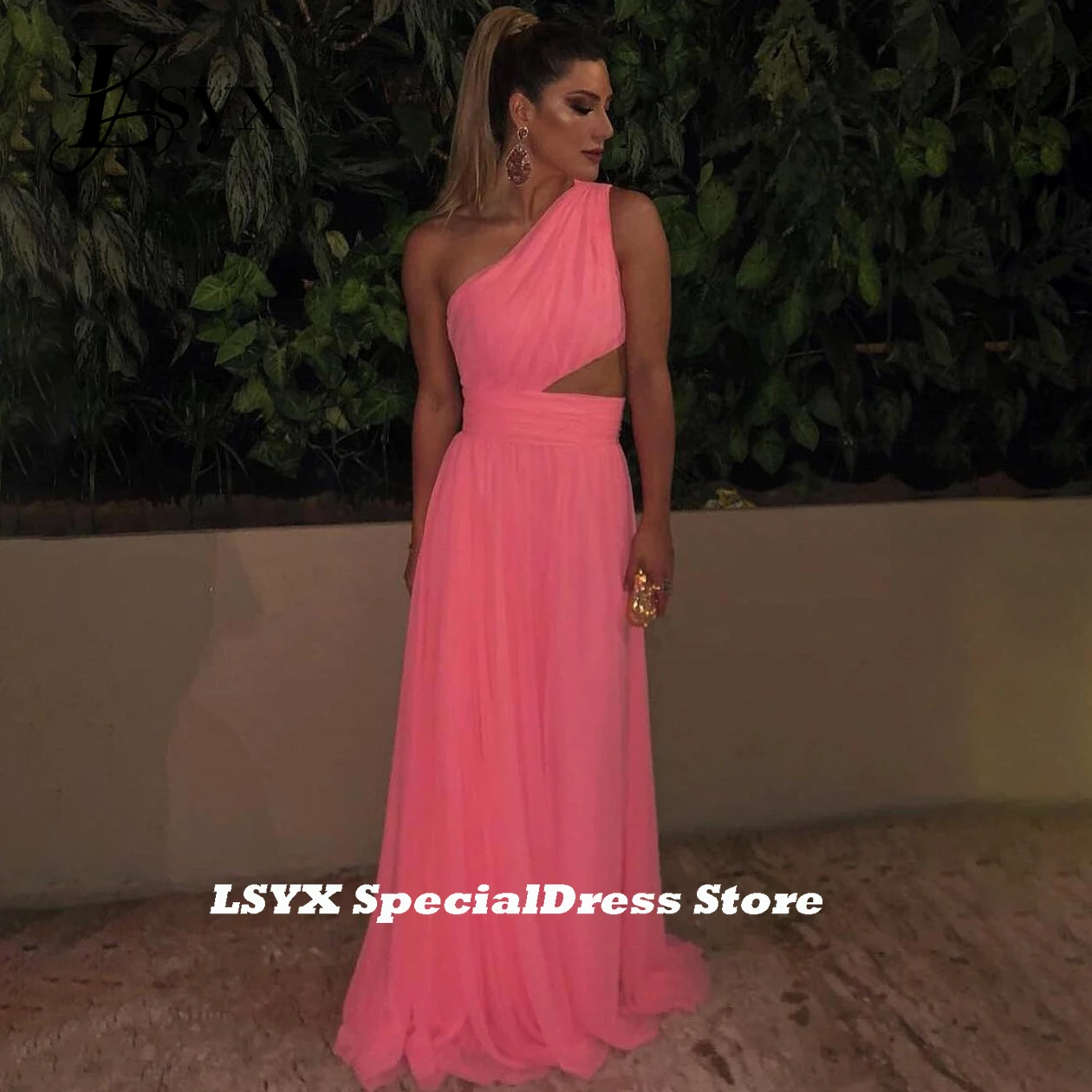 Lsyx Sexy Een Schouder Elegante Avondjurken Open Rug Mouwloze Strapless Chiffon Formele Feestjurken Gewaad Femme Soirée