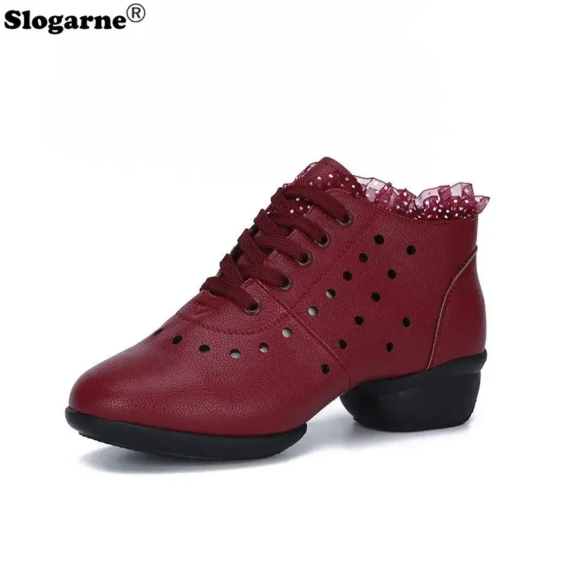 Sapatos de dança latina de couro PU macio para mulheres, Sapatos ocos para meninas, Modern Jazz Ballroom, Yoga Trainning ao ar livre, 4cm Saltos