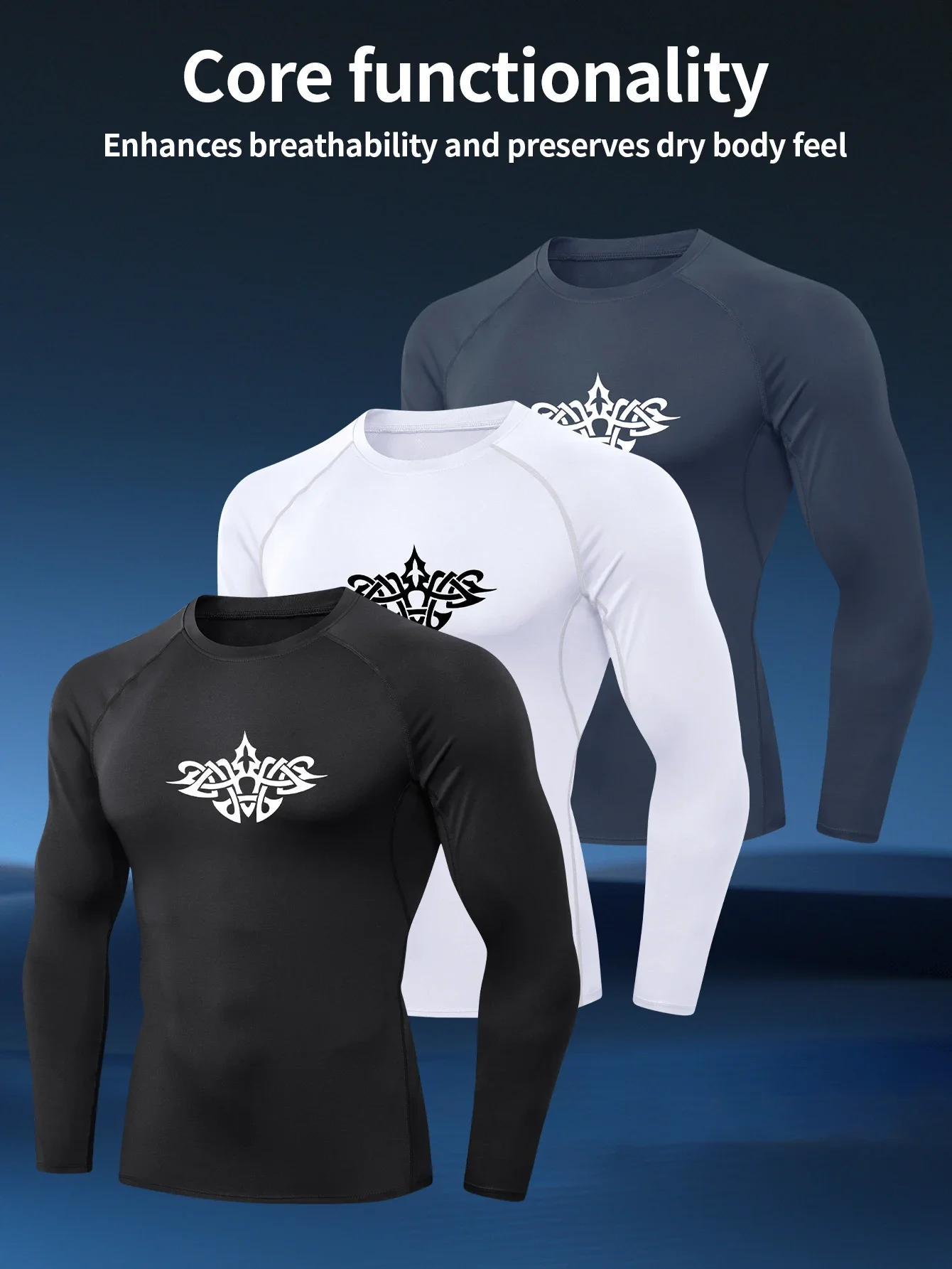

3pcs，2d printed, men's elastic quick-drying fitness sports long-sleeved tight-fitting shirt