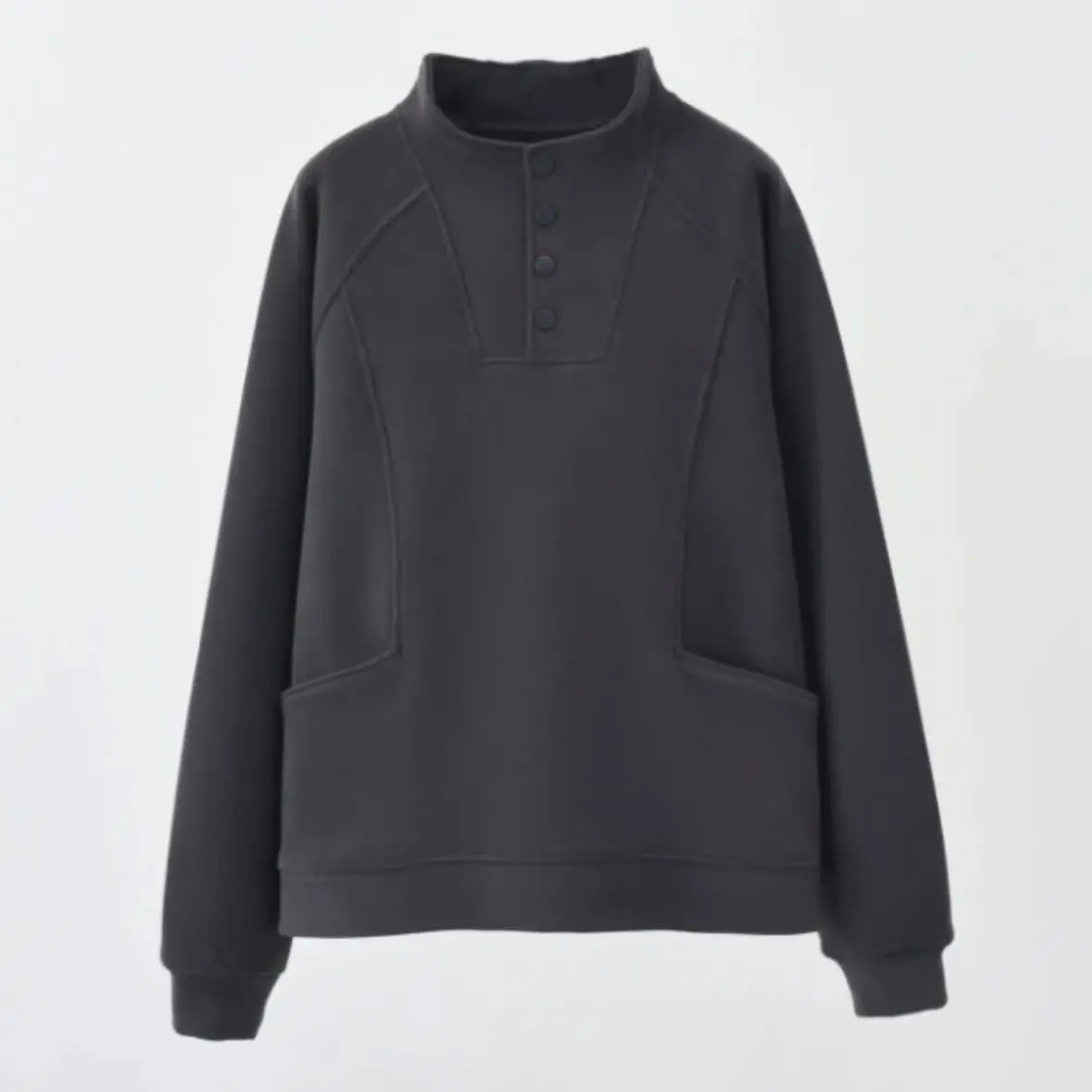 Moletom Feminino com Forro, Ajuste Solto, Gola Alta, Botões, Detalhe Coreano, Casual, Confortável e Versátil