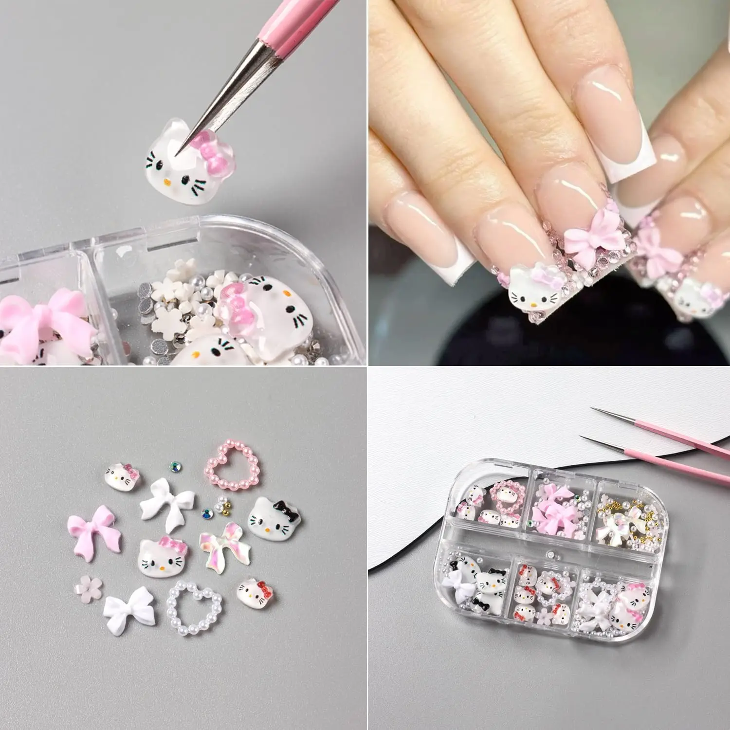 6 شبكات ثلاثية الأبعاد فراشة مختلطة الوردي مرحبا كيتي مسمار السحر Kawaii مسمار الفن زينة y2k مرحبا كيتي مسمار حجر الراين اكسسوارات