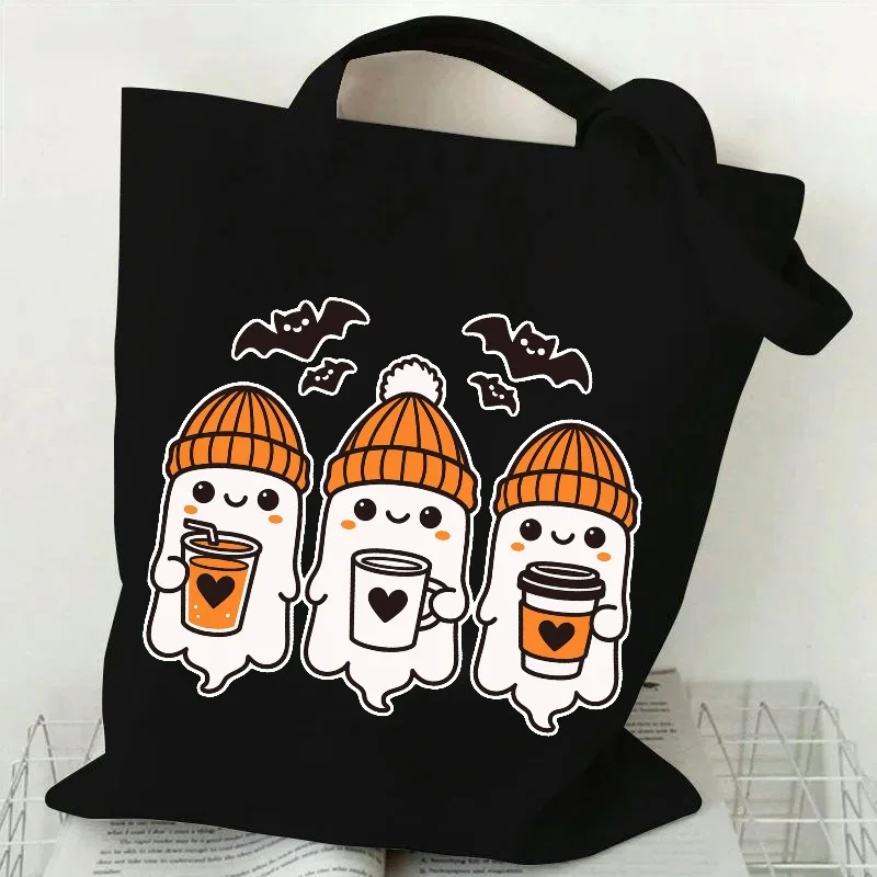 Modern Cozy Coffee Drinking Ghost Canvas Shoulder Bag Autumn Winter Vibe Theme Travel Shopper Stylist Grocery Lining