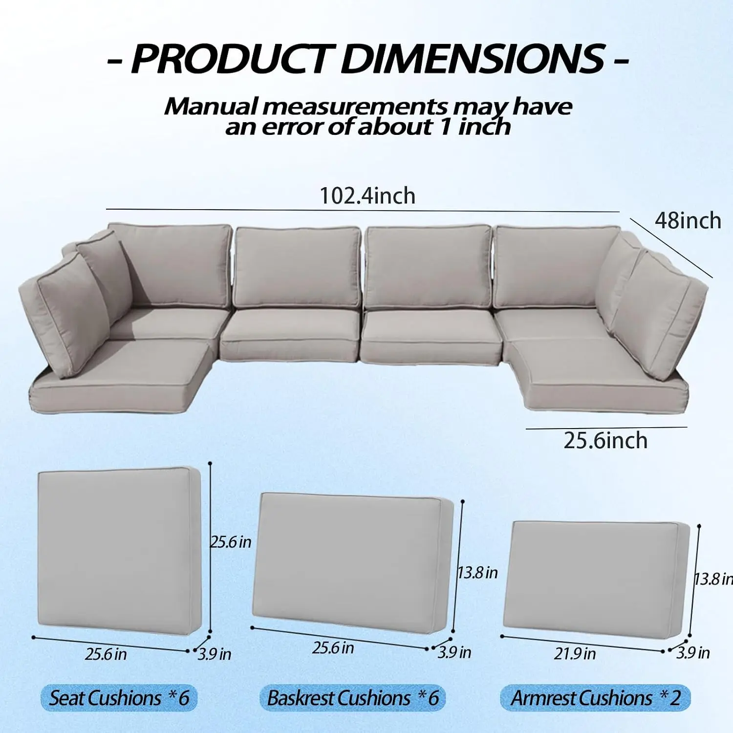 Outdoor Cushions for Patio Furniture,14Pieces Water-Resistant Replacement Cushions Fits 6-seat Sectional Rattan, Customized