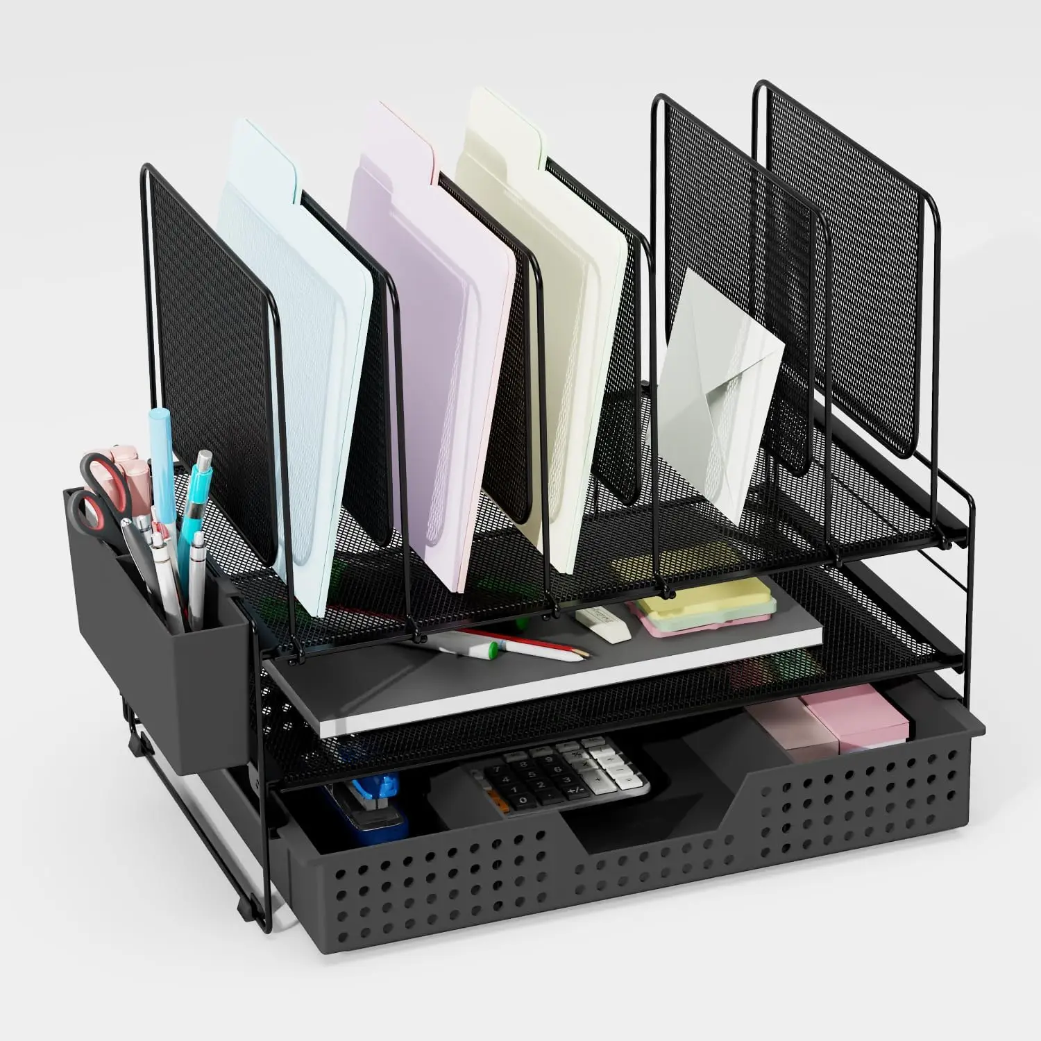 

Desk Organizer with Vertical File Holder, Drawer & Pen Holder - Black