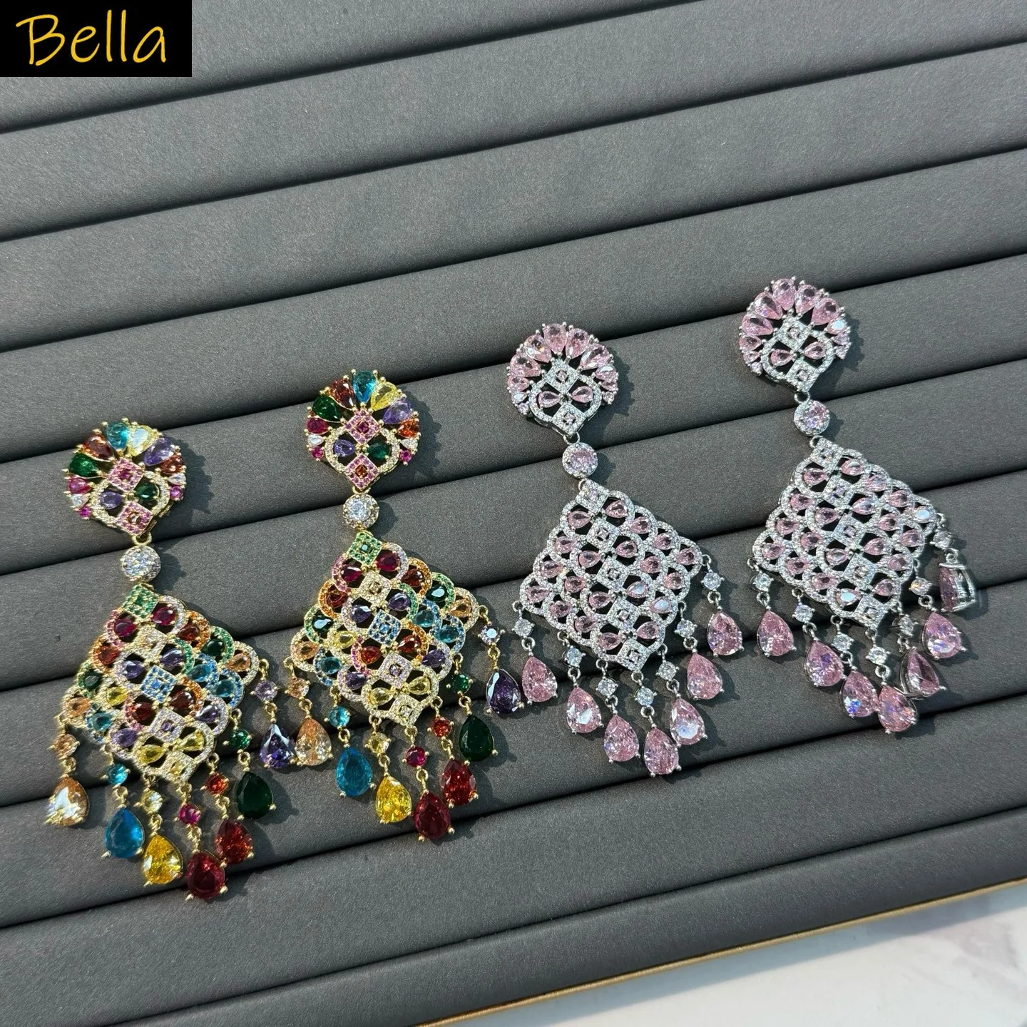 

zircon earrings for women luxury jewelry wedding dinner party pink multicolor teardrop dangling earrings shiny jewelry