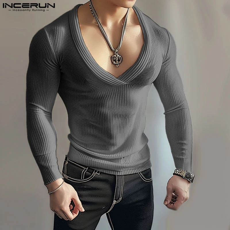 Stylish Hot Selling Tops INCERUN Men's Knitted T-shirt Casual Male Slightly Transparent V-neck Long Sleeved Camiseta S-5XL 2024