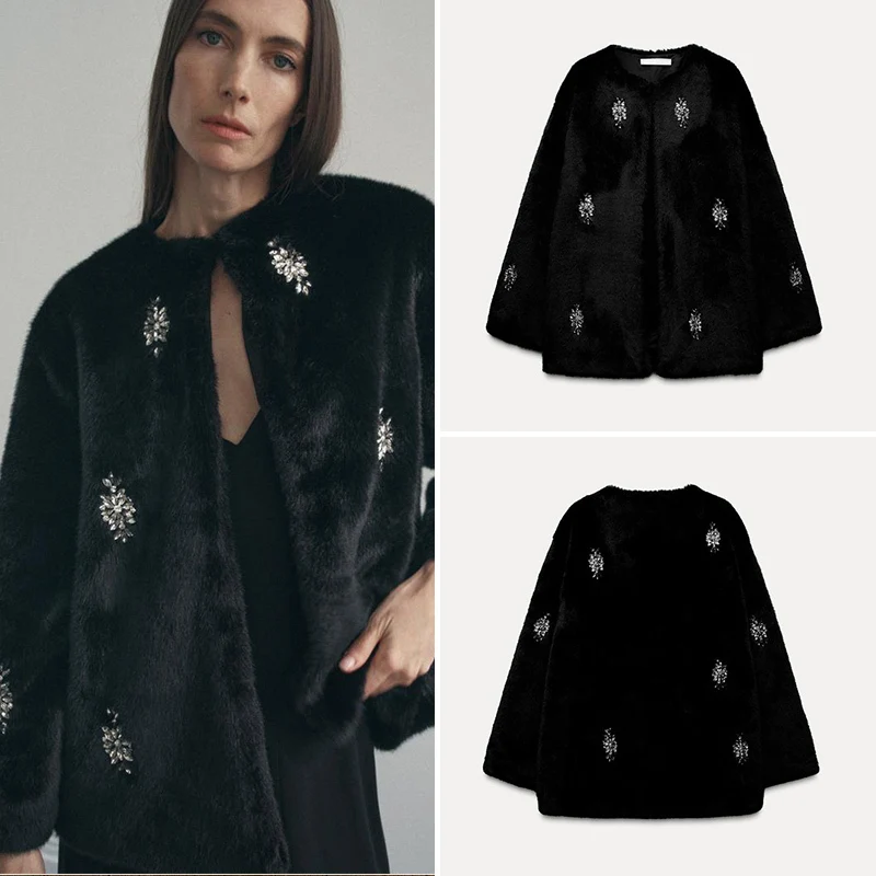 معطف شتوي فايون نسائي طويل مزين بالفرو من Jaet مصنوع من الجلد الاصطناعي معطف شارع Sle مستدير Ne تي شيرت بأزرار للإغلاق