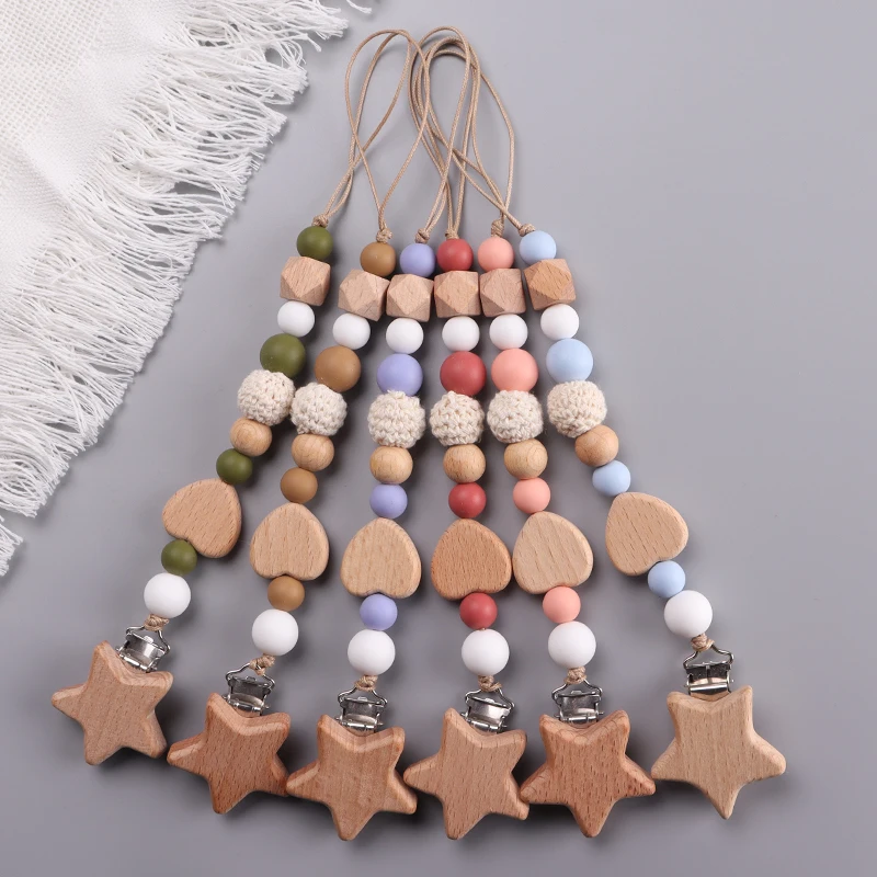 Baby Pacifier Chain Wood Star Clips Pentagram Teether Silicone Crochet Round Beads Teething Chain For Care Soother Chew Toys