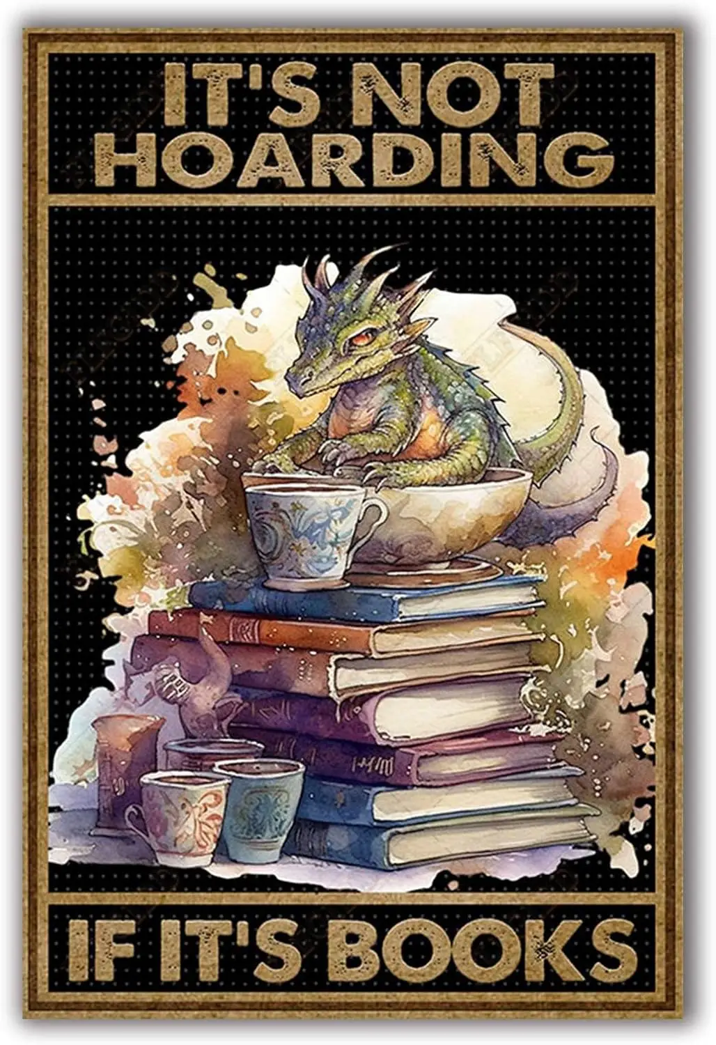 FLFGIDD Canvas Wall Decor Dragon Metal Tin Sign Dragon Book It's Not Hoarding If It's Books for Living Room Bedroom and