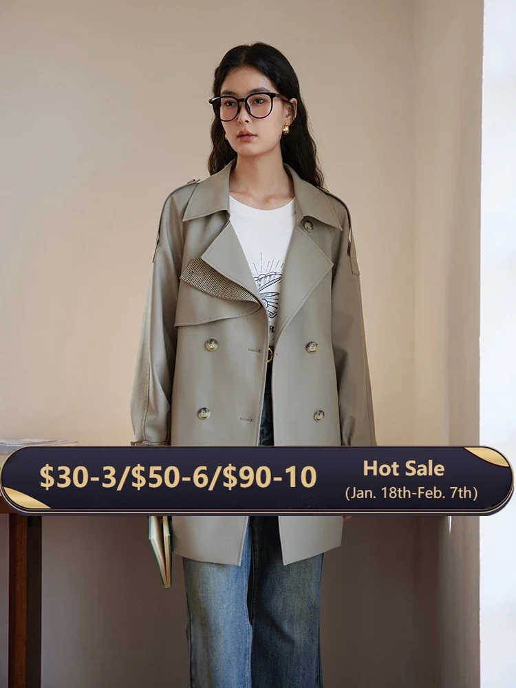 DUSHU Classic Retro Double-Breasted One-hand Length Women Trench Coats Turn-down Collar Grey Khaki Color Trench Jacket 24DS81166