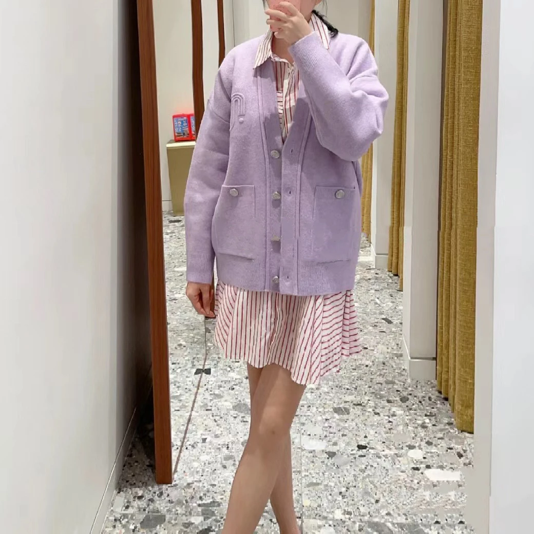 

Cardigan Sweet taro purple with gentle style, loose knit jacket for women, M home 2024 autumn and winter new collection