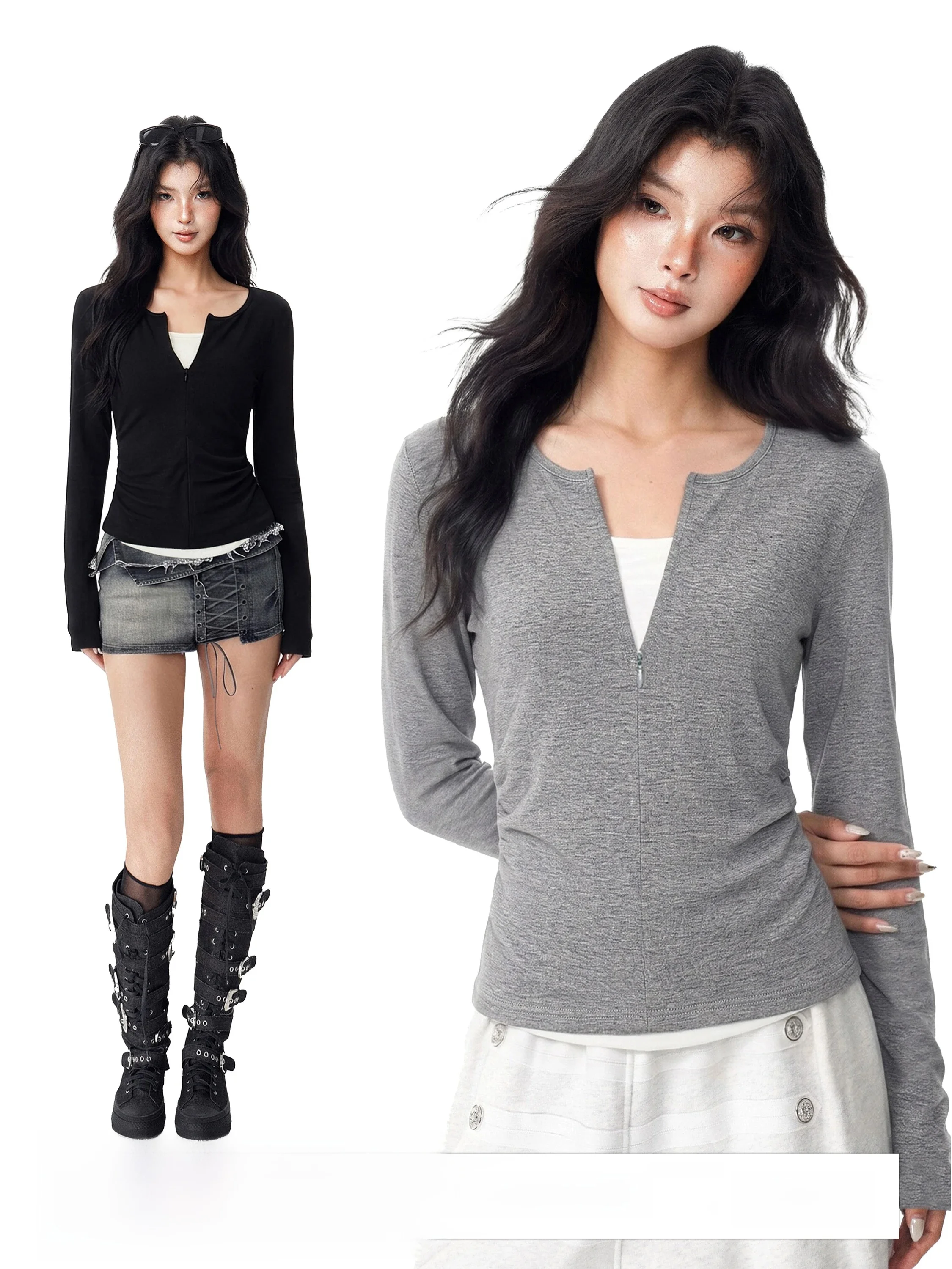 Gray Zipper Long Sleeve Women's Slim Fit T-Shirt Inner Base Shirt Folded Waist Design Thinming Effect Commute Style Autumn Early