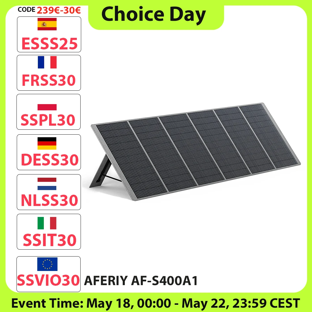AFERIY ‎ Panneau solaire pliable portable AF-S400A1 400W, taux de conversion d'énergie 23%, étanche IP65, béquille réglable