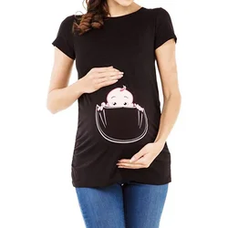 2024 New Summer Plus Size M-2XL Pregnancy Cartoon Tee Baby Print Staring Women Maternity Pregnant Short Sleeve T-shirt Funny Top