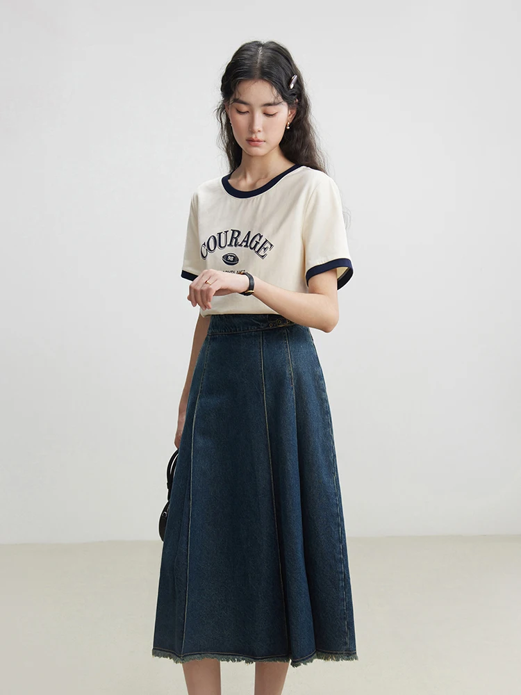 DUSHU Retro Denim Blue Women Long A-LINE Skirts 2024 Summer New Pleated Design 59.9% Cotton Female Skirt 24DS82017