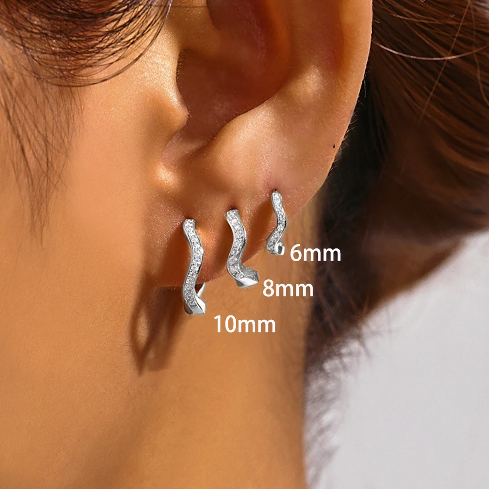 3PCS Stainless Steel Minimal Wave Hoop Earrings Set for Women Crystal Zirconia Huggie Thin Cartilage Earring Piercing Jewelry