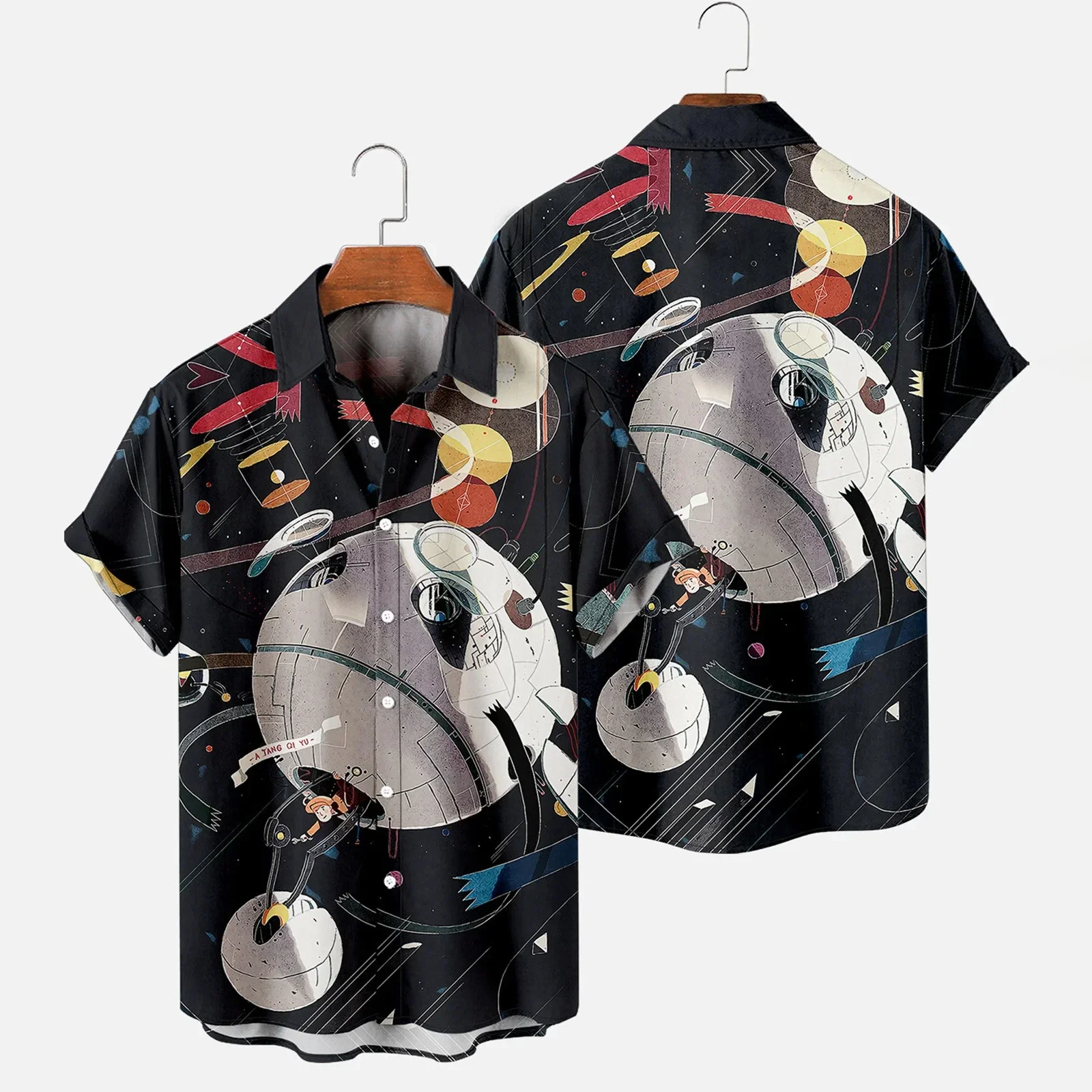 宇宙飛行士のプリントが施されたメンズハワイアンTシャツ,カジュアルなビーチスタイルのブラウス,快適なラペル,半袖,新しいファッション,大きいサイズ