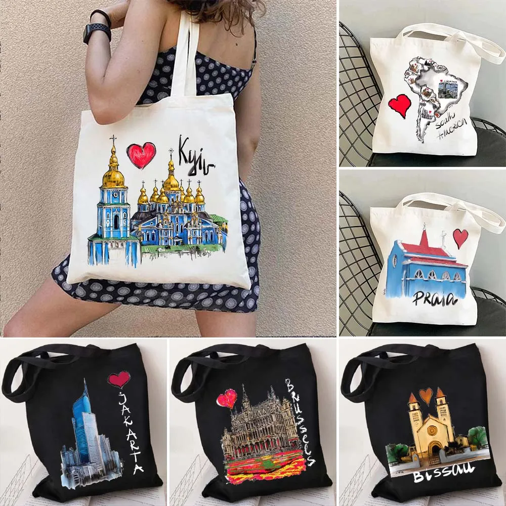 

Kyiv Budapest Jakarta Quito Sofia Columbia Brussels Map Travel City Watercolor Painting Canvas Shopping Cotton Totes Bag Handbag