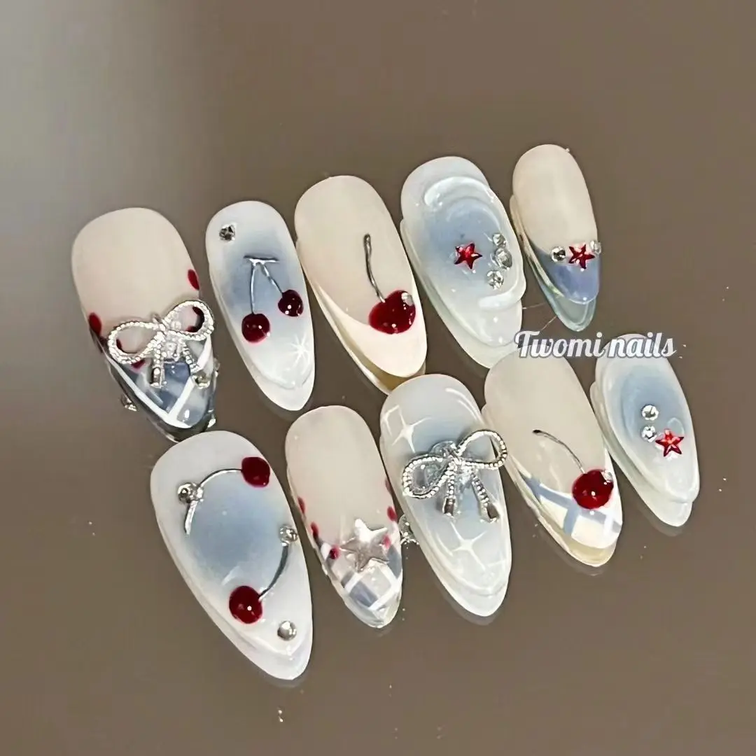 10Pcs Handmade Press on Nails French Almond Full Cover Cherries and Bow Design Fake Nails Sweet Cute Manicure Nail For Women