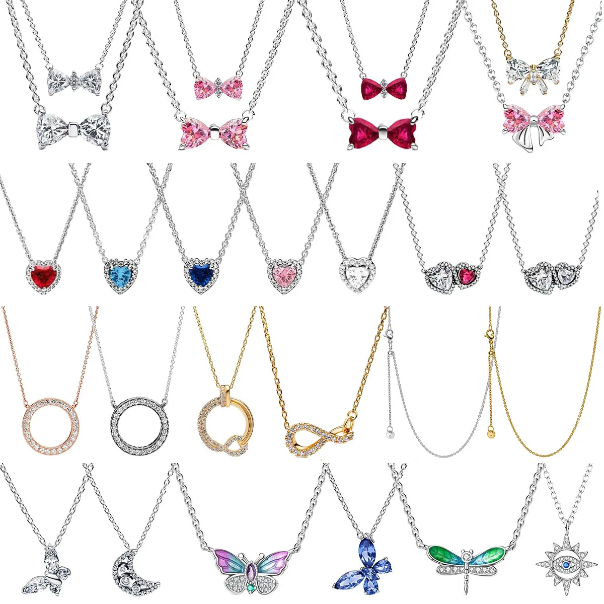 Hot Sale Original 925 Sterling Silver Necklace Colorful bow tie Red Heart Pendant Fashion Necklace Charm Classic DIY Gift