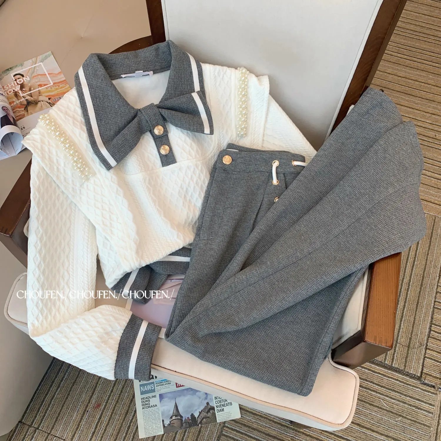 Neploe Sweet Turn-down Collar Long Sleeve Suit Sweatshirts Small Fragrance Casual Autumn New Pant Preppy Style Moda Set Trousers