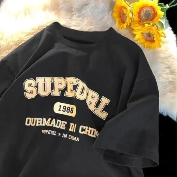 Loose Fit T-shirt Short Sleeve Printed Casual American Couple's Top Five-Quarter Round Neck Tee