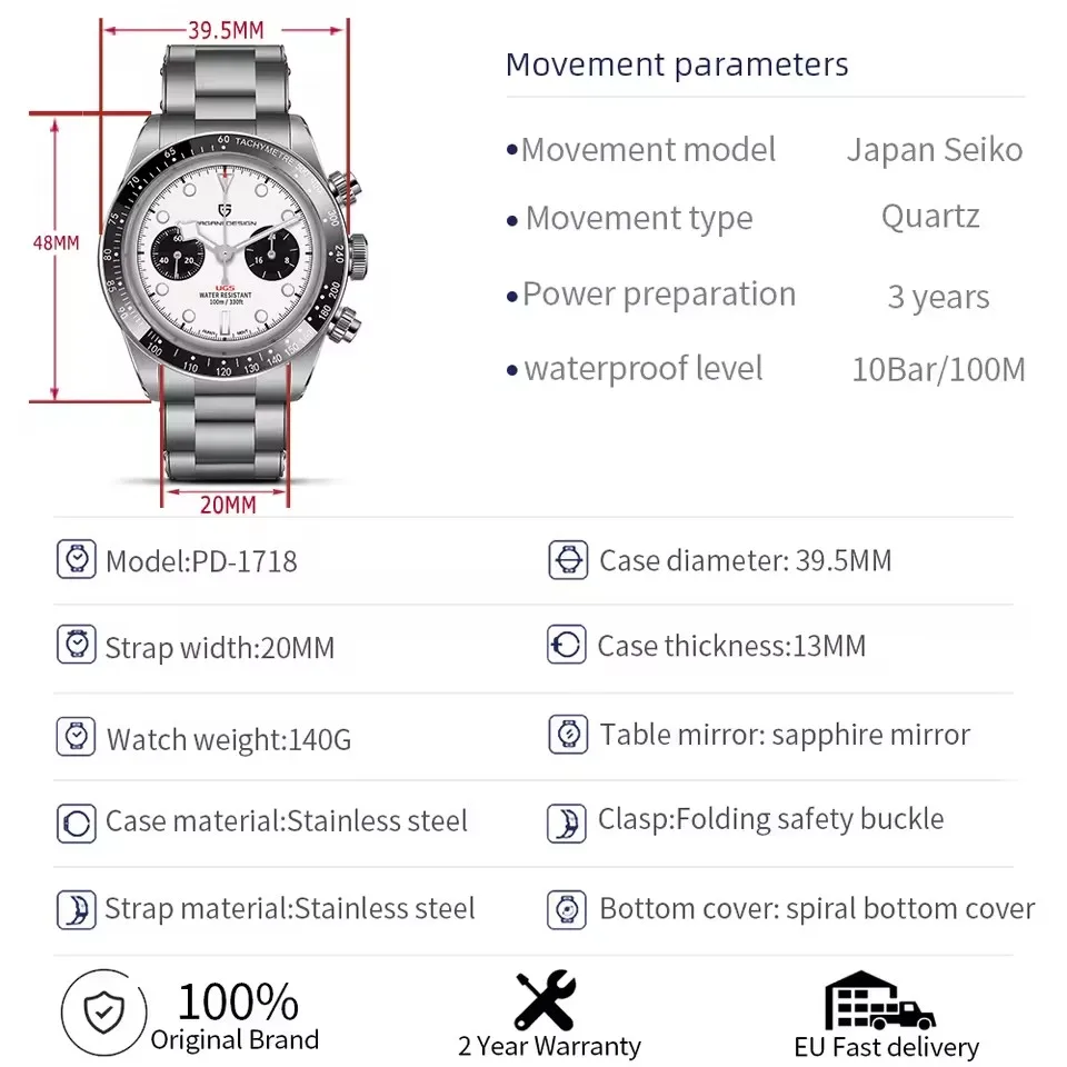 PAGANI DESIGN 2026 New BB Panda Retro Quartz Watch AR Sapphire 500 Speedometer Chronograph 316L All Steel Waterproof Men watch