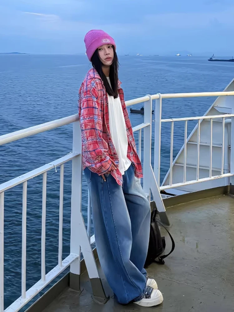 Kaos Oblong Motif Kotak-kotak Retro Amerika, Gaya Musim Gugur, Merek Trendi, Santai, Gaya Golf Awal, Pakaian Luar, Kaos Pasangan