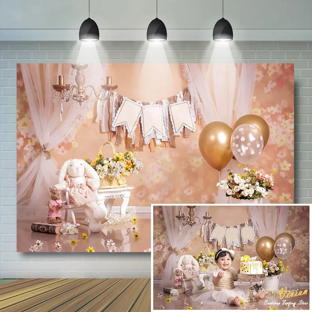 Fondo de pastel de conejito para niños, globos, fondo de fiesta de 1er cumpleaños, retrato de niña y niño recién nacido, accesorios de fotografía, estudio fotográfico