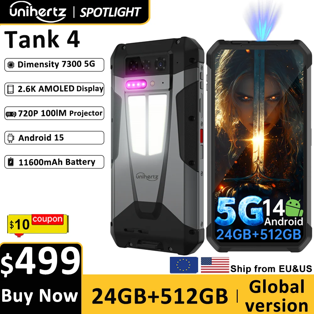Unihertz by 8849 Tank 4 Smartphone 5G Built-in 720P Projector 512GB ROM 24GB RAM 11600mAh Dimensity 7300 AMOLED Phone Android 14
