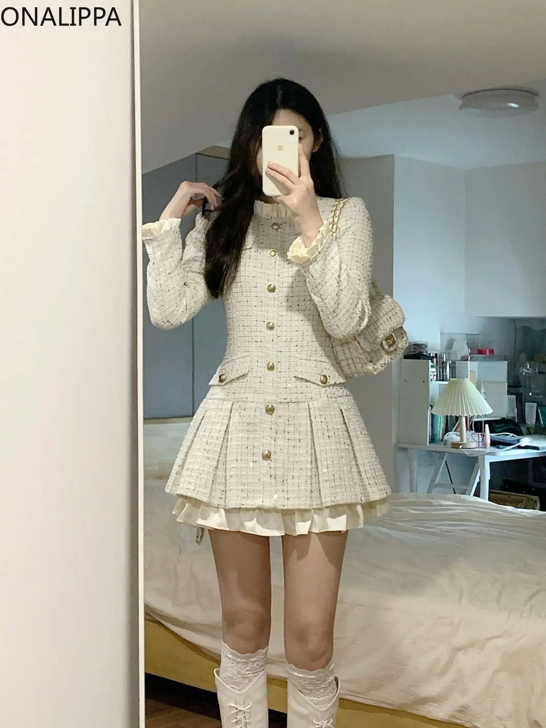 Onalippa Small Fragrance Tweed Pleated Dress for Women Simple Design Ruffles Mini Dresses Korean Gentle Wind Mid-length Jackets