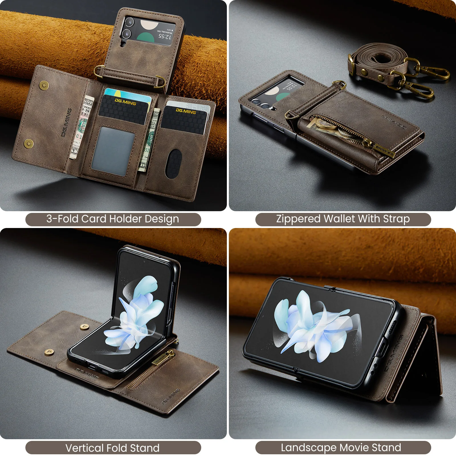 2in1 removable leather card holder Z Flip 3 MagSafe phone case Samsung Galaxy Z Flip 4/5 magnetic wallet shockproof cover Flip6