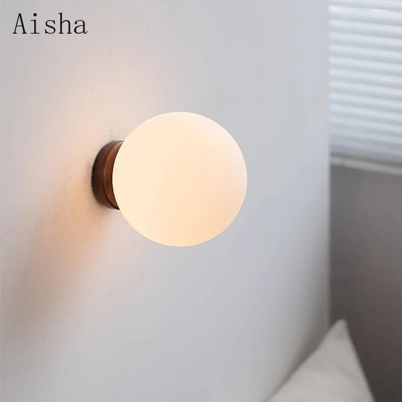 

Walnut Round Ball Wall Lamp Designer Model Room Hotel Homestay Minimalist Living Room Background Wall Bedside Sconces