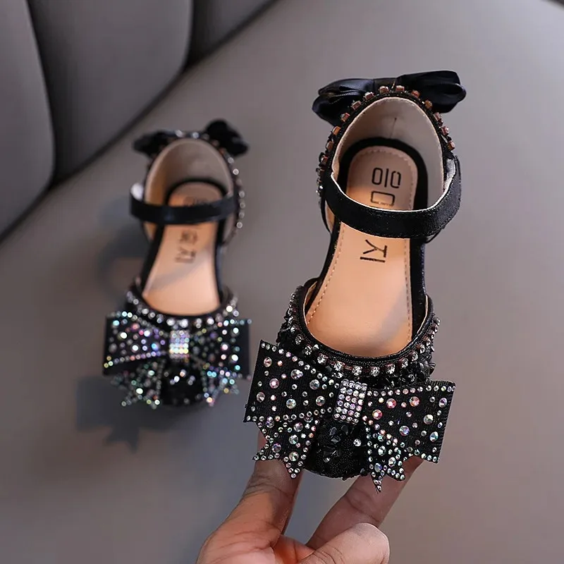 

Spring Autumn Children Korean Version Princess Single Shoes Rhinestone Girl Butterfly Velcro Girls Pearl Performance Dance Shoes