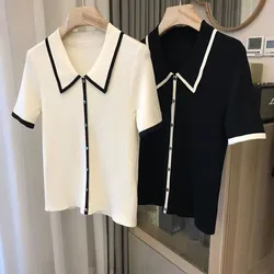 Women Fashion Black White Patchwork Polo Shirts Summer Casual Loose Short Sleeve Knit T-shirt Office Lady Chic Button Pullovers