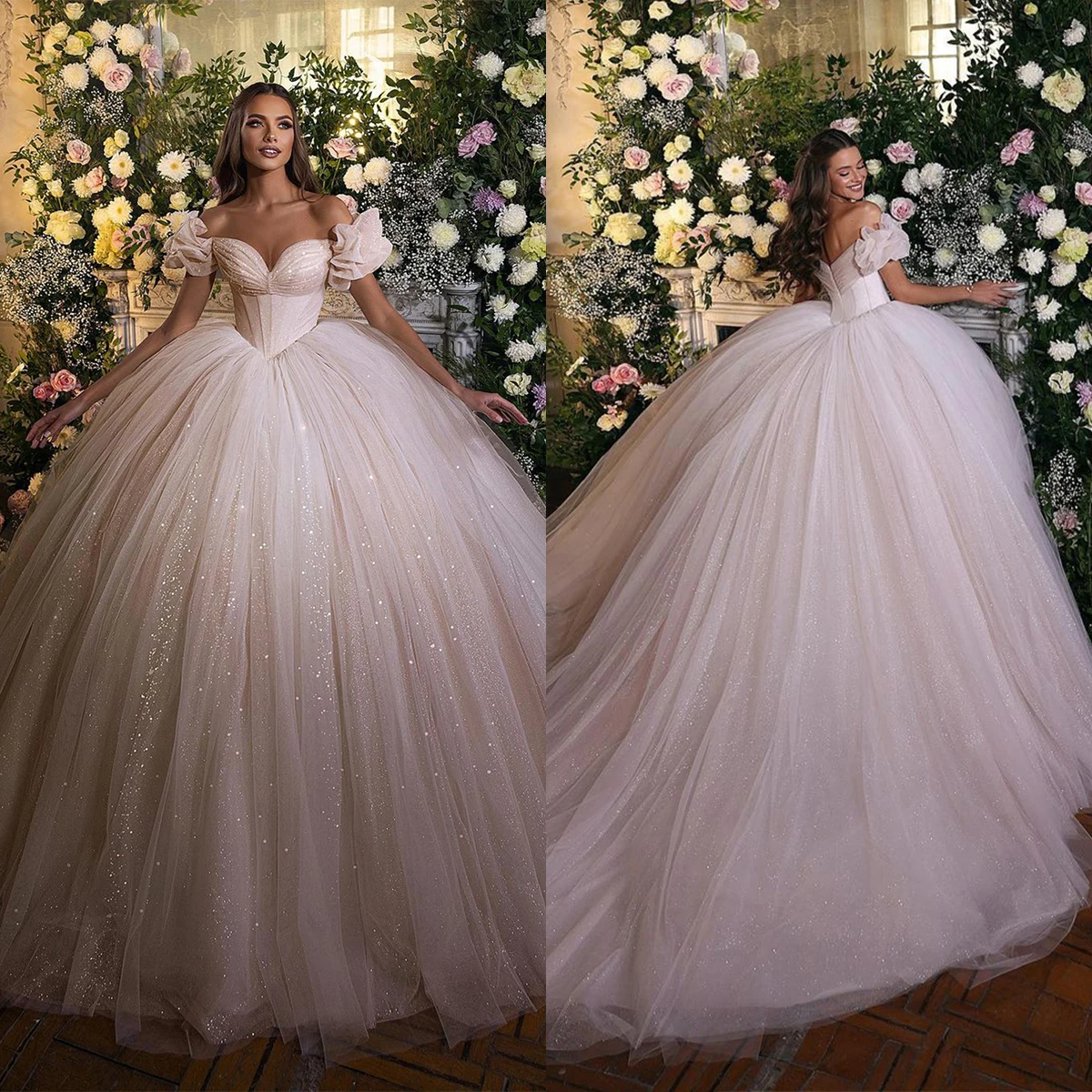 

Shiny Princess Wedding Dress Sparkly Off Shoulder Bridal Ball Gowns Tulle Custom Made Vestido De Novia