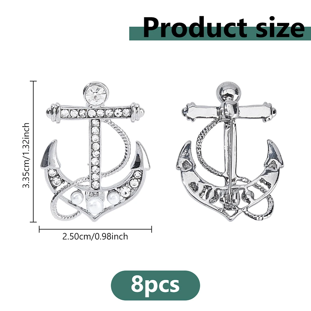 8Pcs Anchor Brooch Lapel Pin Anchor Brooch Pin Platinum/Golden Boatanchor Brooches Nautical Lapel Pins Sparkling Rhinestone