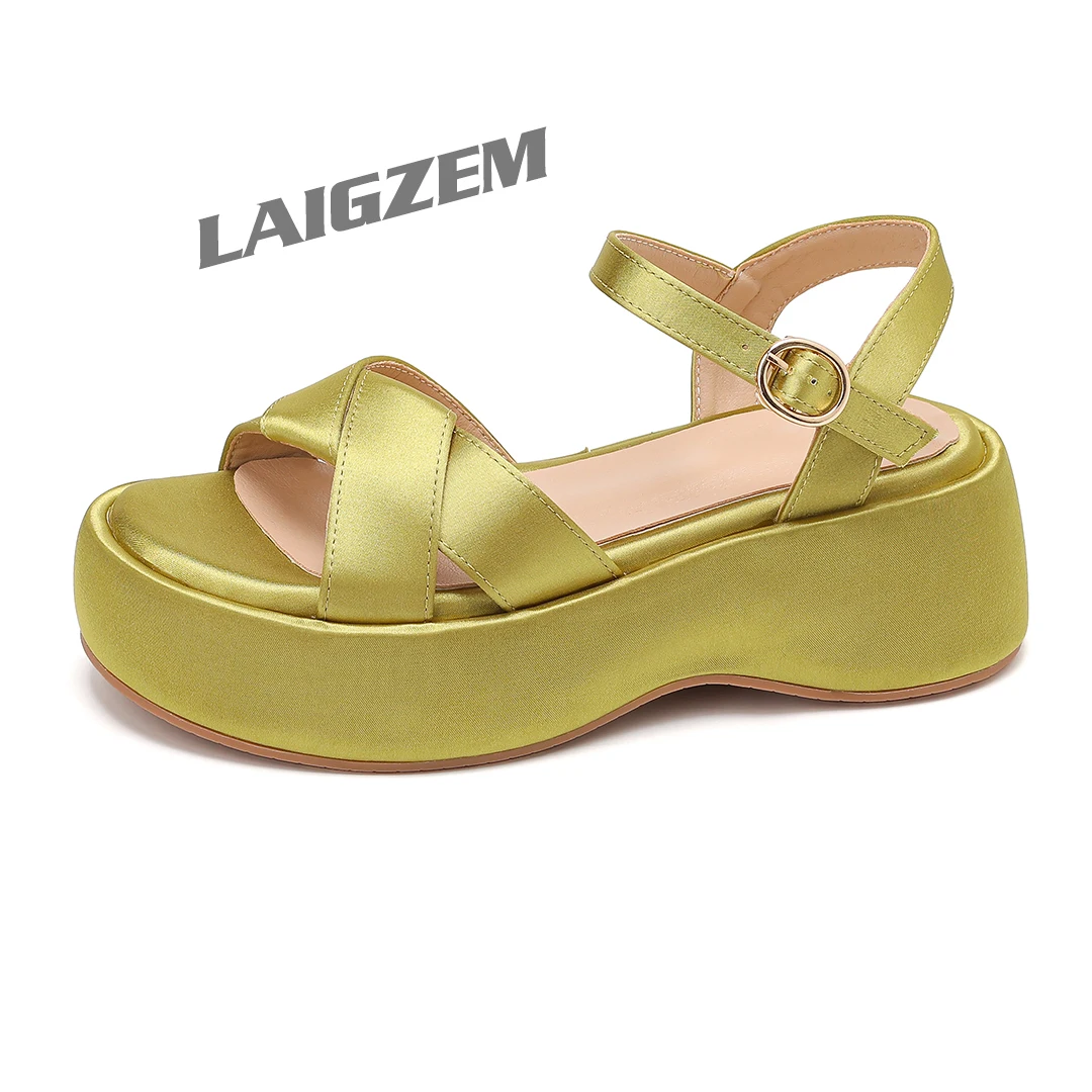 

LAIGZEM Women Platform Sandals Satin 5.5CM Flat Heels Party Pumps Prom Handmade Ladies Comfortable Shoes Woman Size 33 36 39