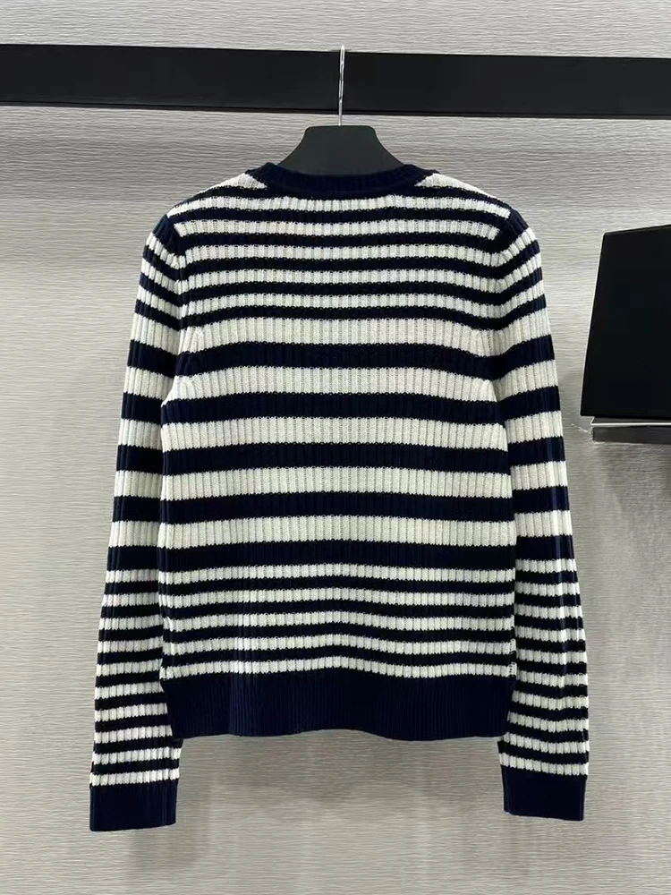 Designer retro matching striped wool blend knit sweater 2024 Fall women\'s new fashion all-in-one stretch pullover