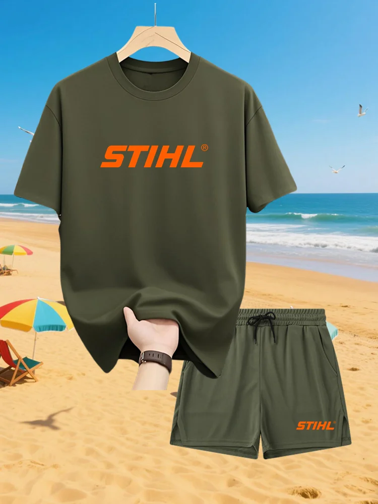 

Летний мужской повседневный спортивный костюм STIHL с принтом, спортивная толстовка для бега на открытом воздухе, спортивные штаны, дышащий быстросохнущий костюм из двух предметов
