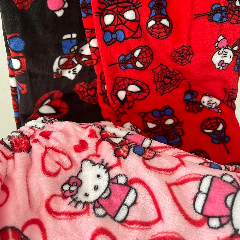 New Spider Man Velvet Warm Sleepwear Cute Anime Hello Kitty Sleepwear Flannel Soft Casual Pants Winter Casual Couple Home Pants