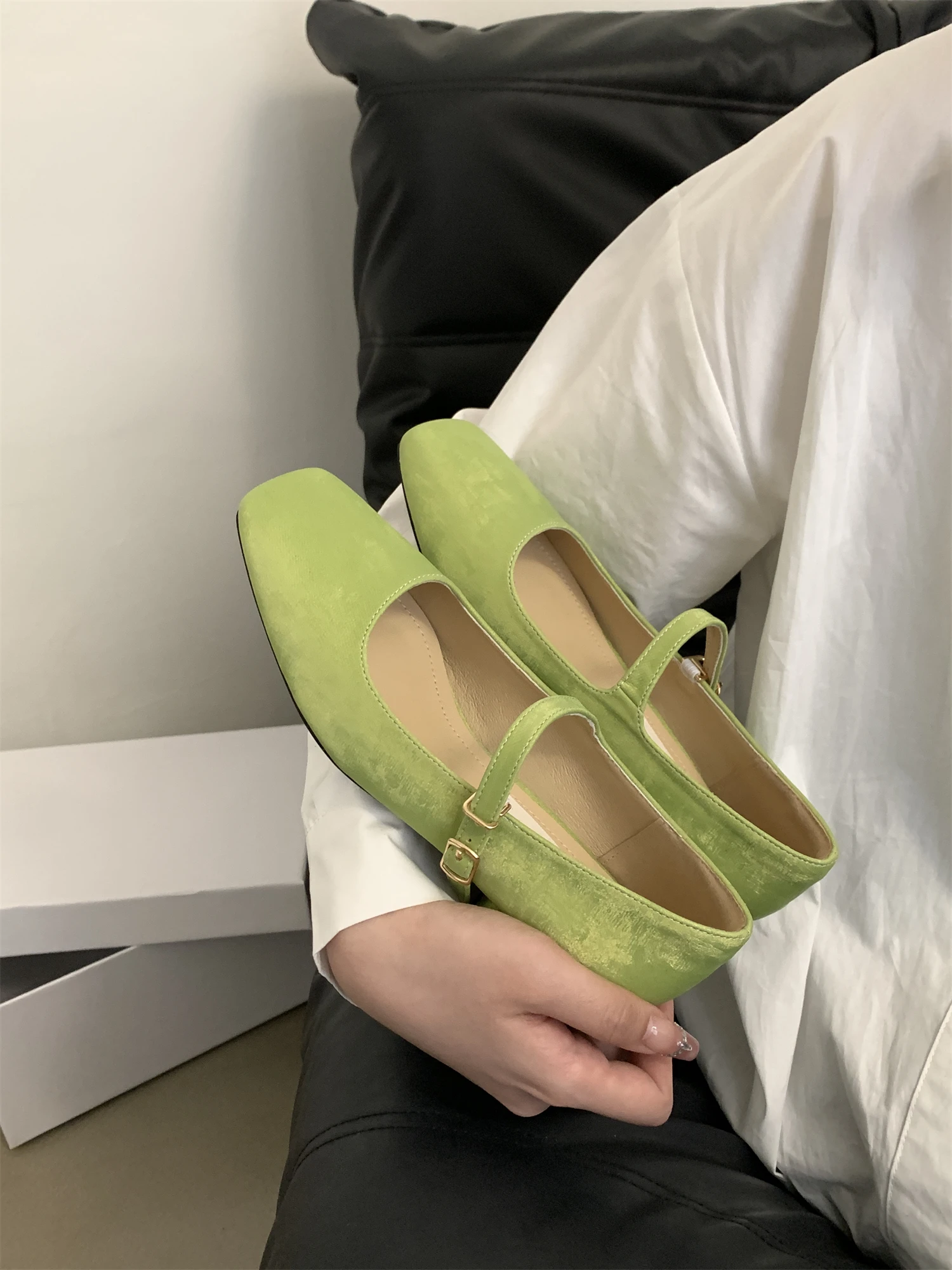 2024 Summer New Model Women Green Flat Shoe Fashion Square Toe Shallow Slip On Ballerinas Shoes Soft Flat Heel Dress Ballet Shoe